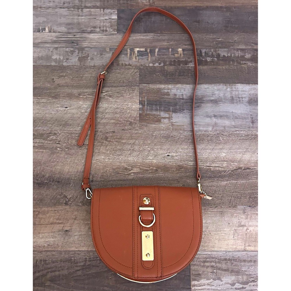 Women's Brown Semi-Circle Crossbody Bag, Zip/Magnetic Closure, Gold, Pockets